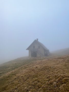 Foto mit einer hölzernen Berghütte, alles nebelverhangen, Gras ist braun